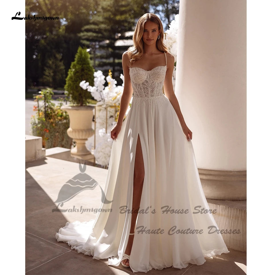 Lakshmigown Sexy A Line Chiffon Beach Wedding Dress Beading Lace 2026 Vestidos Civil Bridal Boho Gowns Spaghetti Straps