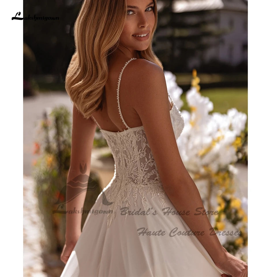 Lakshmigown Sexy A Line Chiffon Beach Wedding Dress Beading Lace 2026 Vestidos Civil Bridal Boho Gowns Spaghetti Straps