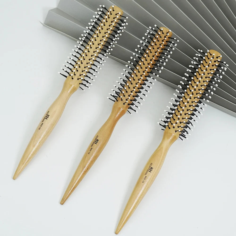 Natural Wood Handle Round Barrel Hair Comb Anti Static Brush Hair Round Comb Styling Tools For Thin Or Short Hair Men Women Use