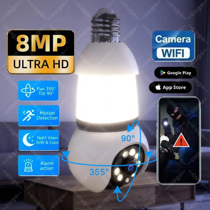 8MP E27 Bulb Lamp Camera LED Bulb WiFi Smart IP Surveilance Cam Two-way Audio Color Night Vision 10X Zoom Wireless Cam 2 in 1