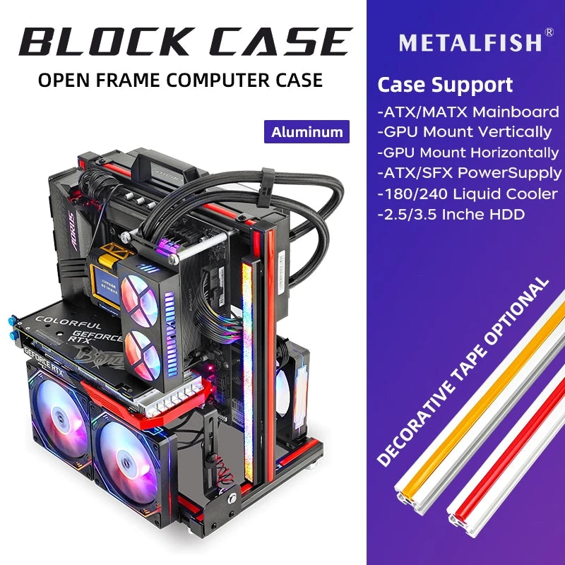 METALFISH BlockCase Aluminum Open Frame Case Support ATX/M-ATX Mainboard GPU Mount Horizontally 240 Water Cooler Gaming Cabinet
