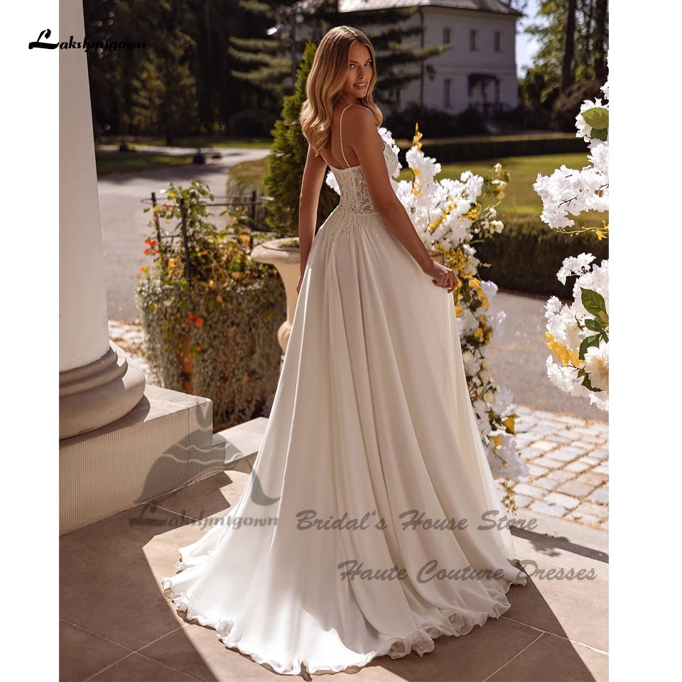 Lakshmigown Sexy A Line Chiffon Beach Wedding Dress Beading Lace 2026 Vestidos Civil Bridal Boho Gowns Spaghetti Straps