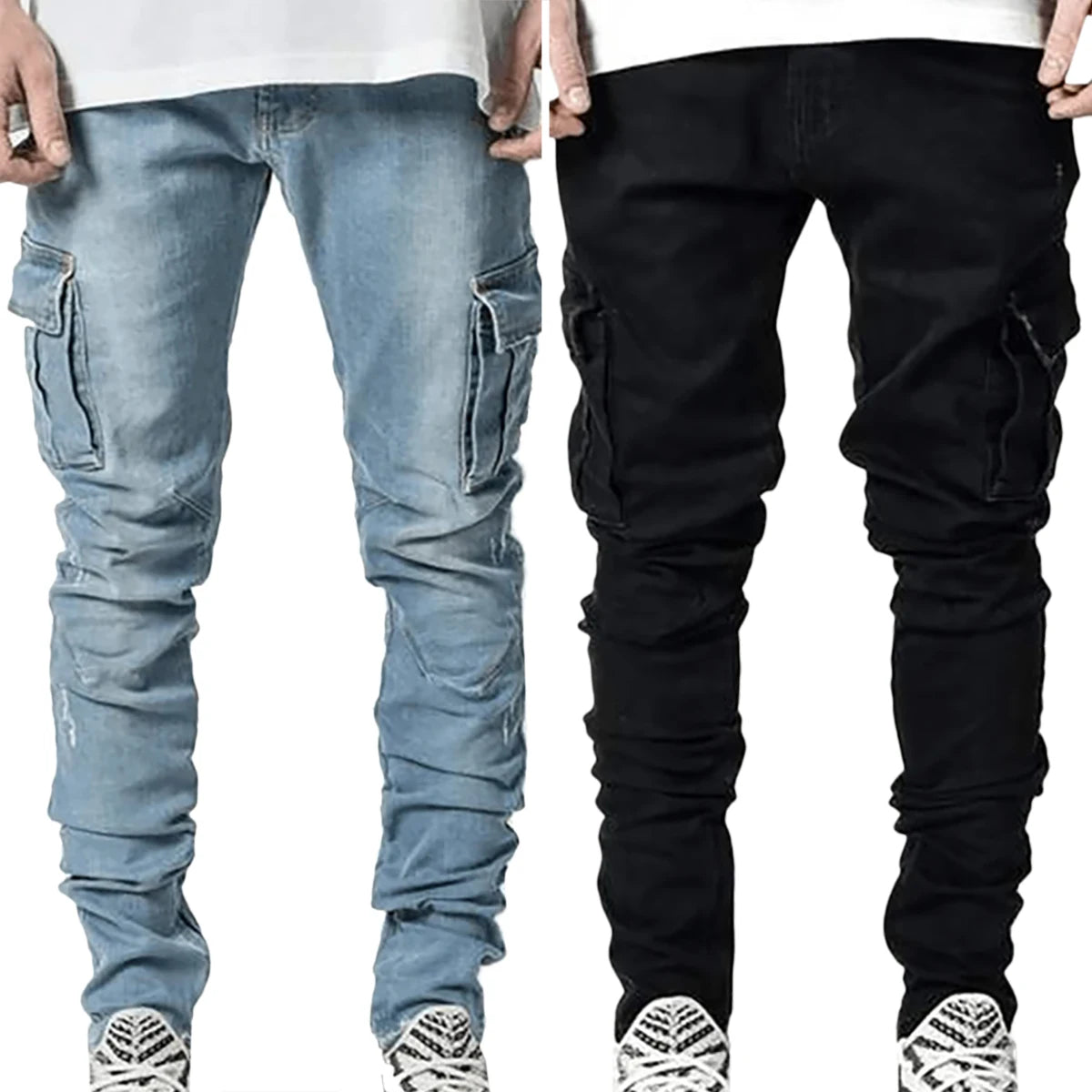 Men's Fahsion Elastic Skinny Cargo Pants Jeans Men Solid Color Multi Pockets Casual Slim Fit  Male Denim Trousers mens clothing