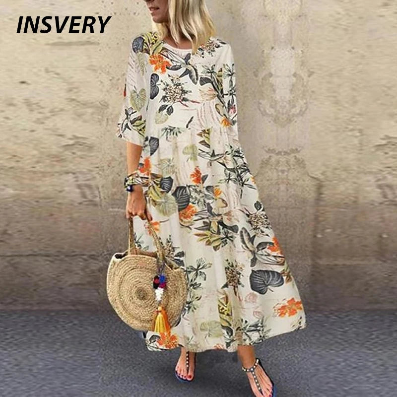 Summer Dress Women Vintage Party Dress 2021 Half Sleeve O Neck Beach Bohemian Dresses For Women Casual Plus Size Dress