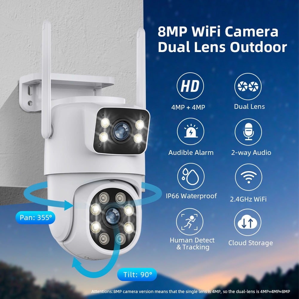 4K 8MP HD Wifi PTZ Camera Outdoor 6MP Dual Lens Dual Screen AI Auto Tracking IP Camera CCTV Audio Video Surveillance P2P iCSee