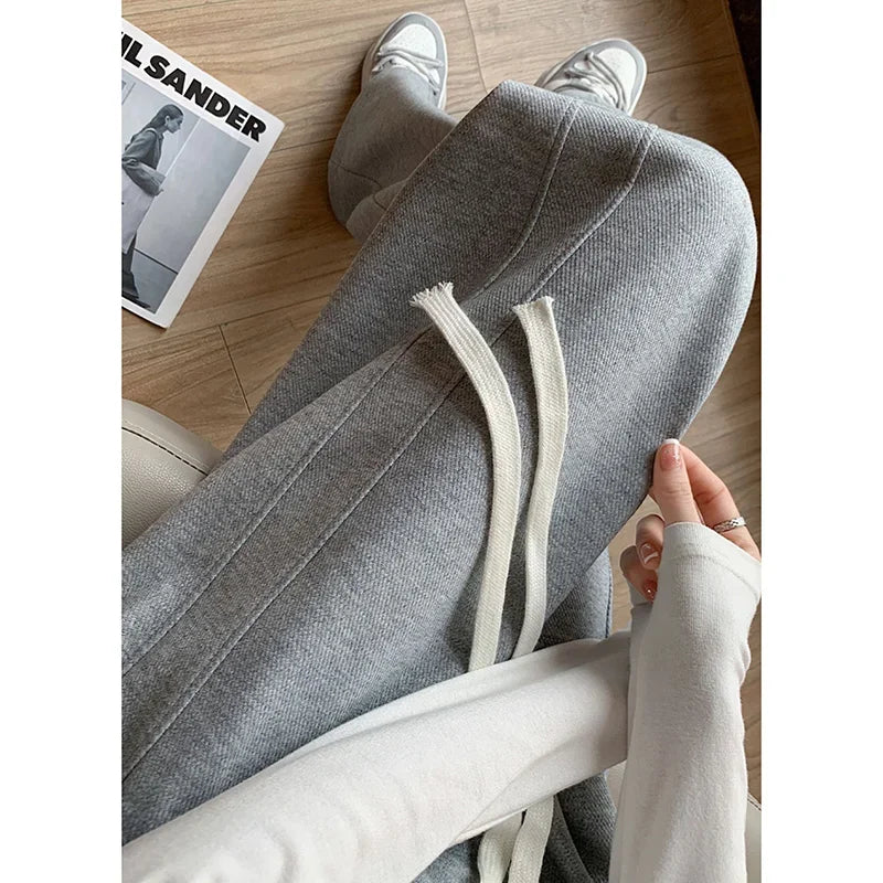 Lady Casual Daily High Waisted Sweatpants Women Drawstring Straight Leg Pants Girls Korean Slim Fit Thin Trousers