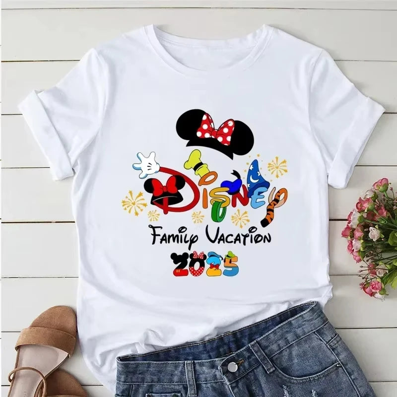 Disney Trip 2025 Printed T-shirt Mickey Minnie Mouse White T-Shirts Women Short Sleeves Clothing Fashion Female Streetwear Tops