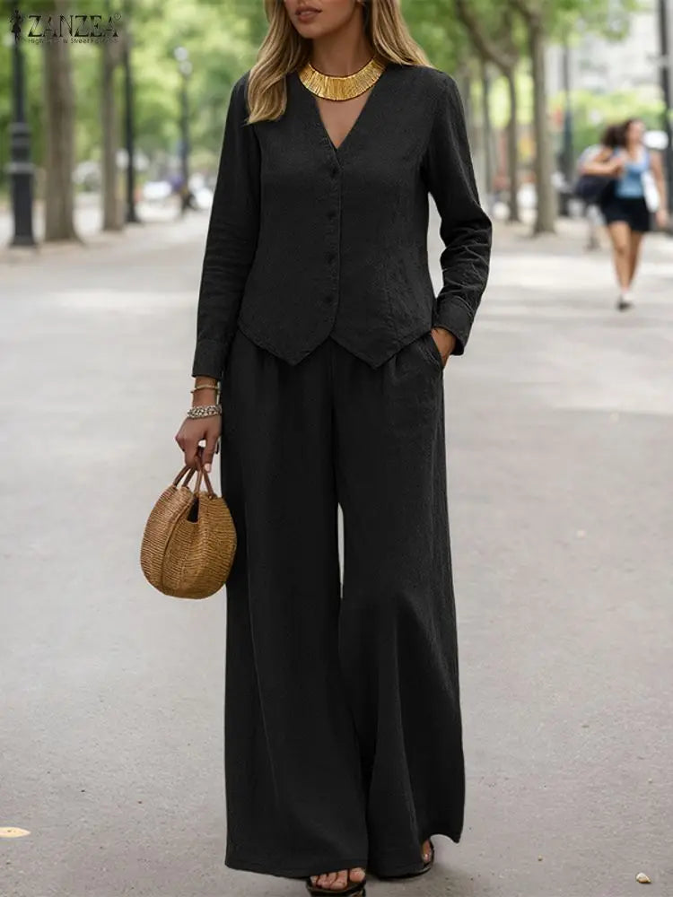 Fashion Autumn Pant Sets ZANZEA Women 2025 Matching Sets Elegant V Neck Long Sleeve Tops Pant Suit Casual Solid OL Work Outfits