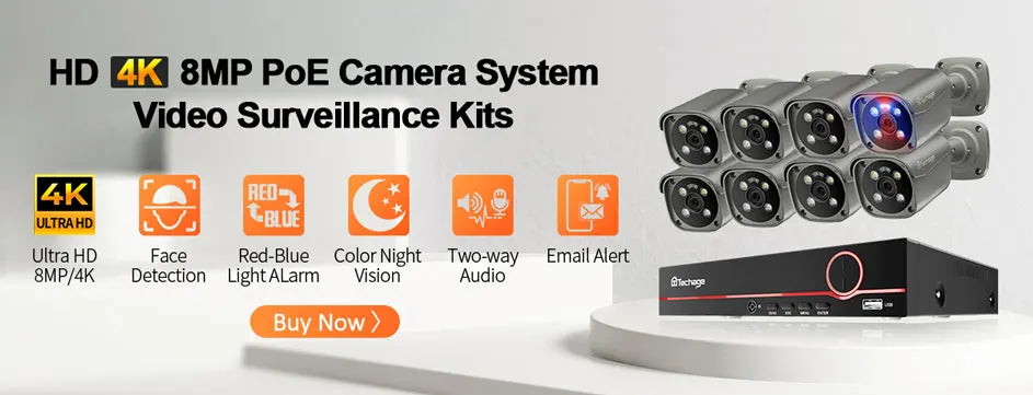 Techage HD 4MP AI POE IP Camera Two Way Audio IR Night Outdoor Waterproof CCTV Video Security Surveillance Camera For NVR Kit