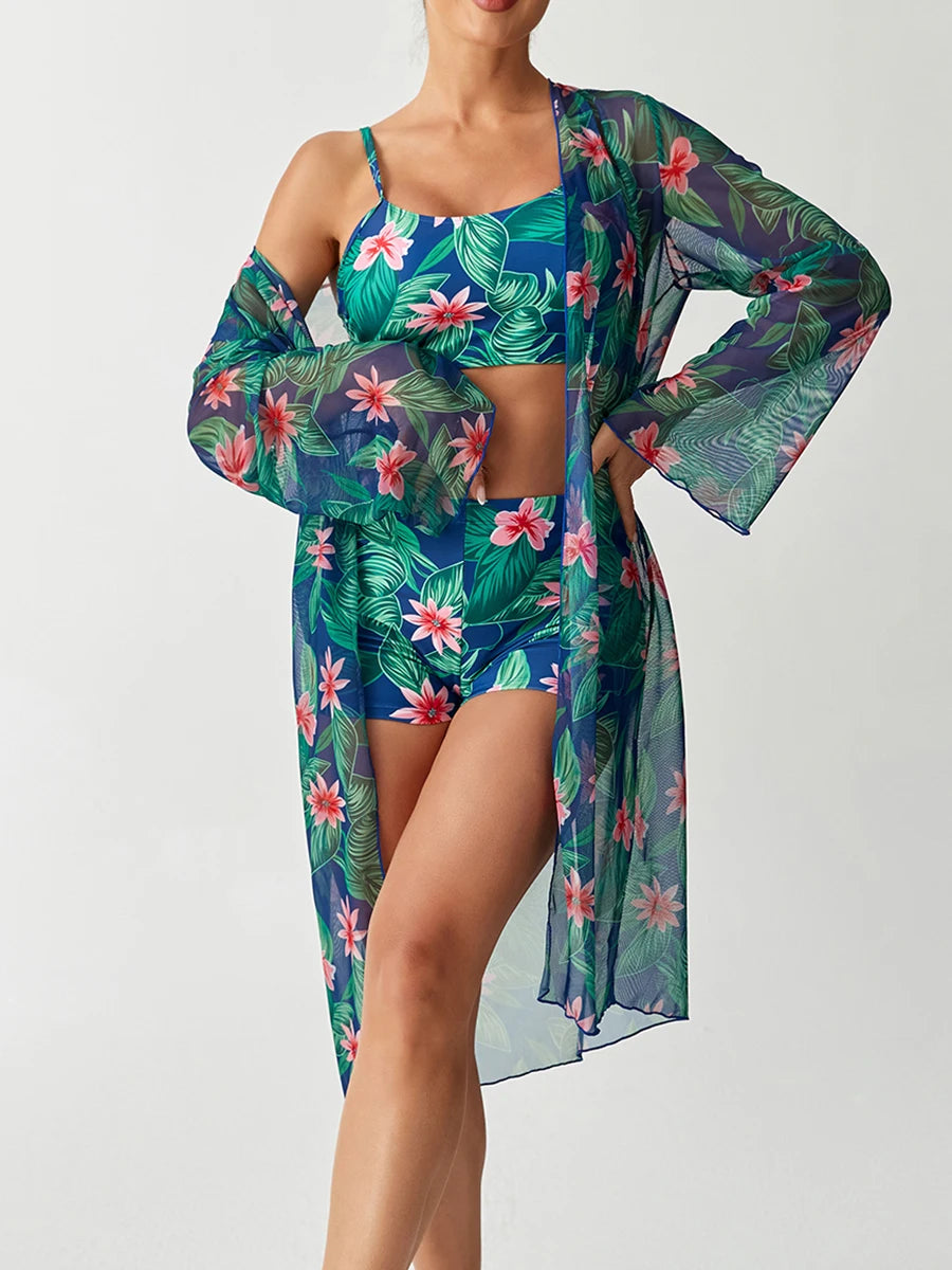 3 Pieces Strappy Bikinis 2026 With Kimono Swimsuit Women Printed High Waist Swimwear Female Bathers Bathing Swimming Swim Suit