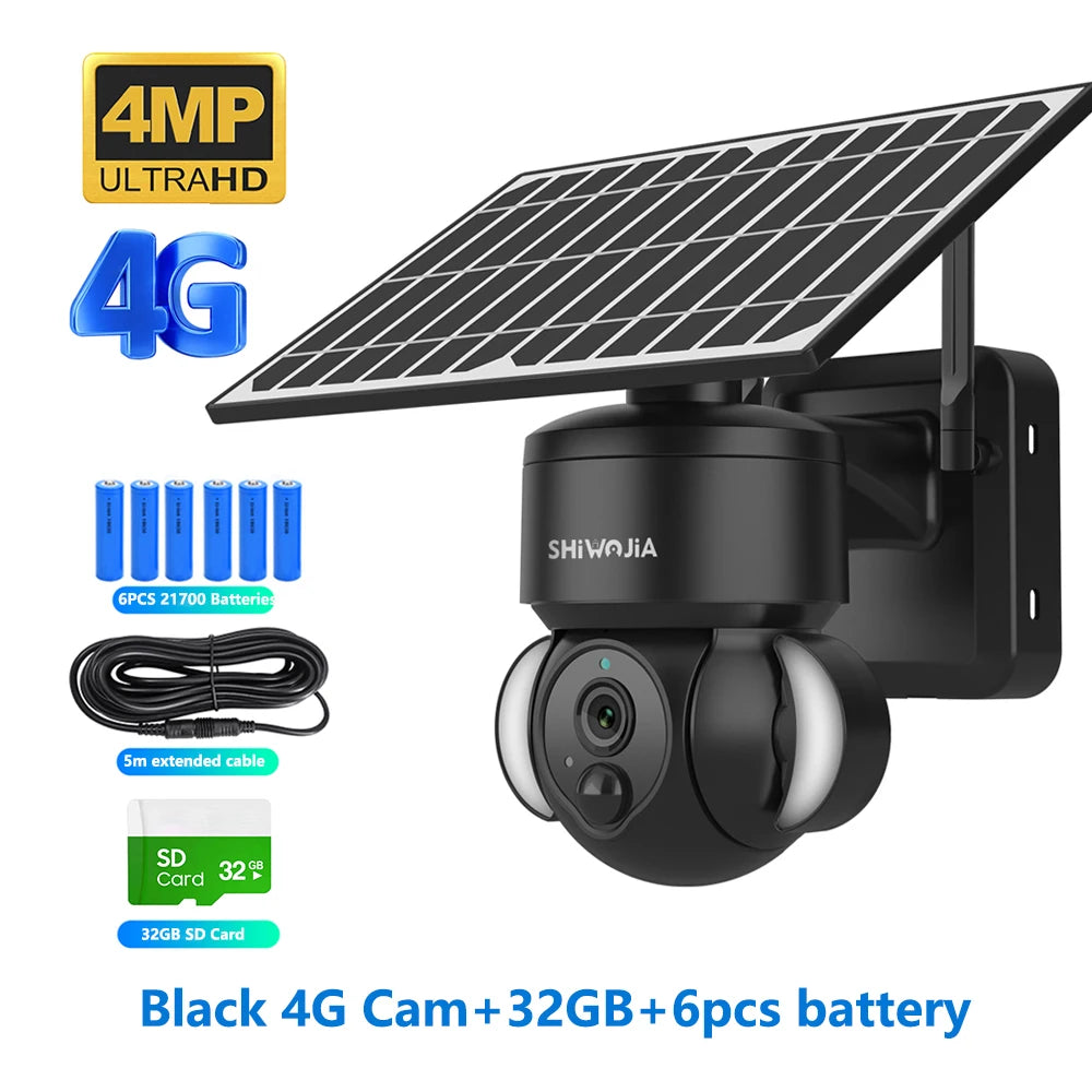 SHIWOJIA 4MP WIFI Solar Camera 4G Sim Card PIR Human Detection Solar Battery Security Camera CCTV Video Surveillance Outdoor Cam