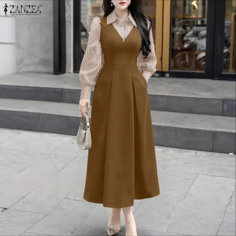 ZANZEA Women Long Shirt Dresses Autumn Long Sleeve Striped Fake 2 Piece Shirts Maxi Robe Fashion Elegant Office Party Vestidos