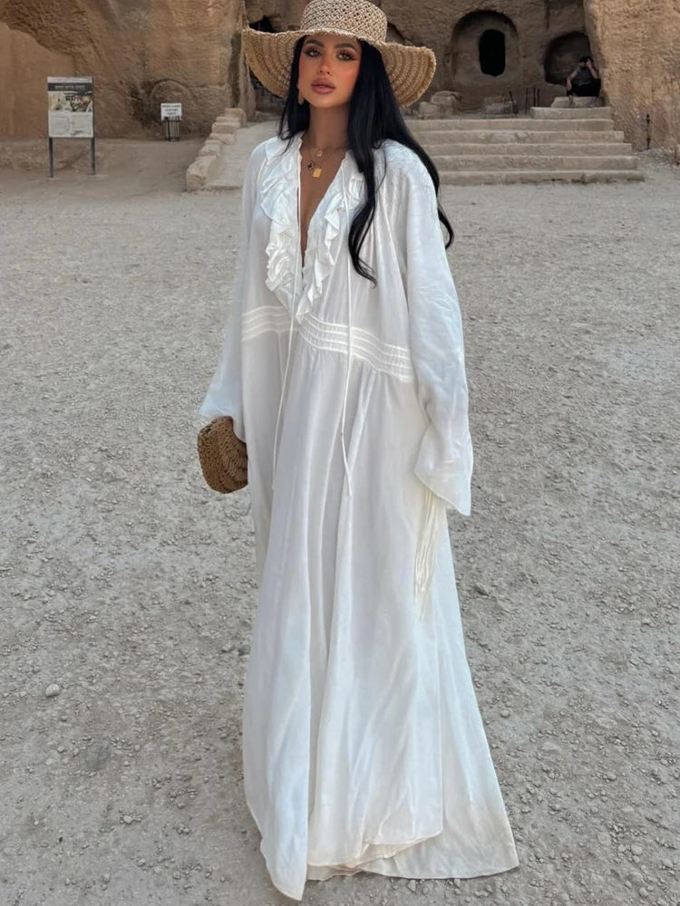 HH 2025 Summer Women's Beach Style Long Dress White V-neck Lace Drawstring Waist-hugging Women's Casual Dress Streetwear