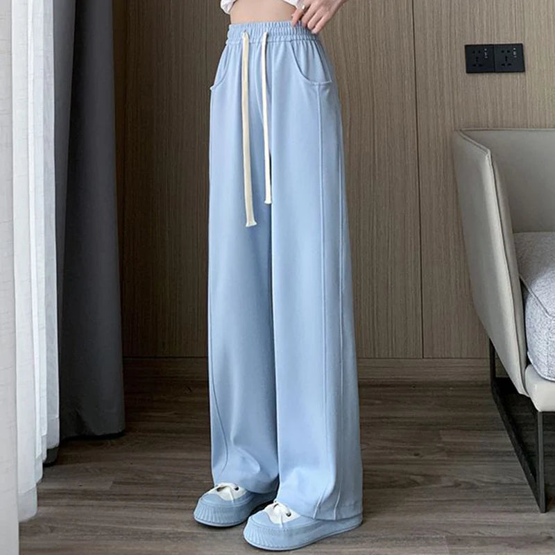 Lady Casual Daily High Waisted Sweatpants Women Drawstring Straight Leg Pants Girls Korean Slim Fit Thin Trousers