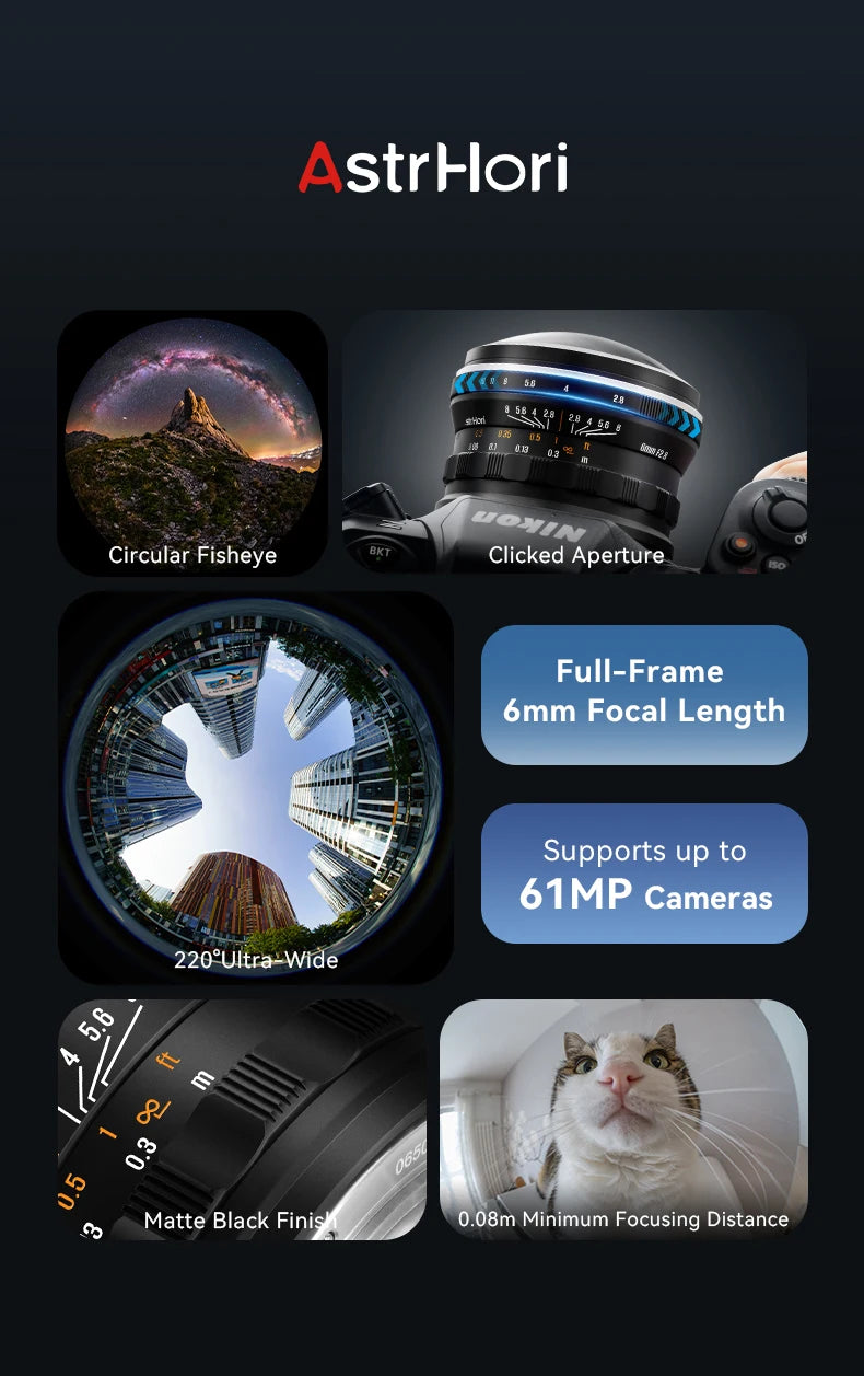 AstrHori 6mm F2.8 Full Frame Circular Fisheye Lens Manual Focus Ultra-wide Angle Camera Lens for SONY E NIKON Z CANON RF L Mount