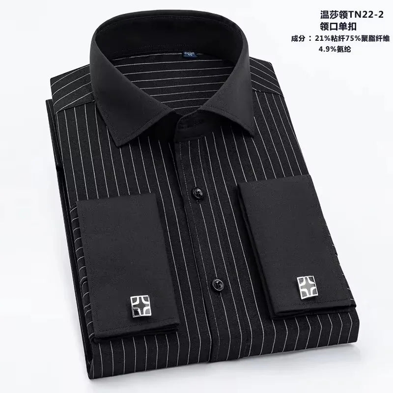 Men's French-style cufflink shirt, slim fit, suitable for business formal wear. A striped and fashionable men's top for white-co