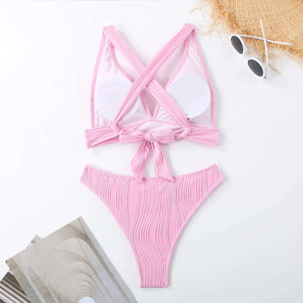 2025 Wrinkled Crinkled Bikini Women Swimwear Female Swimsuit Two-pieces Bikini Set High Cut Bathing Suit Swim Beach Wear Lady