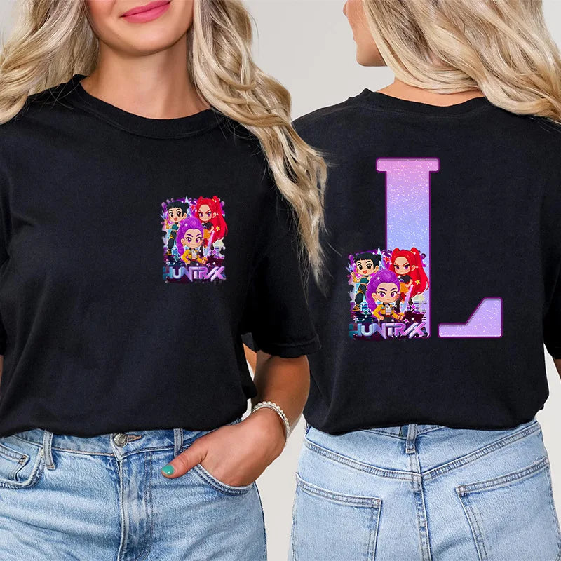 Fashion A-Z 26 Letter T-Shirts Kpop Demon Hunters Graphic Aesthetic Clothing Women T-Shirt Harajuku Female Clothing Y2k Tops