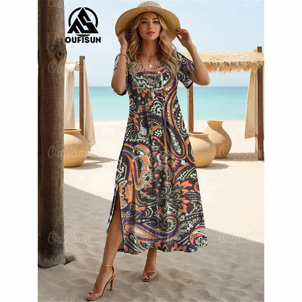 Elegant Womens Dresses Summer V-Neck Women's Clothing Vintage Woman Long Dress Fashions Evening Dress Loose Oversize Pullover