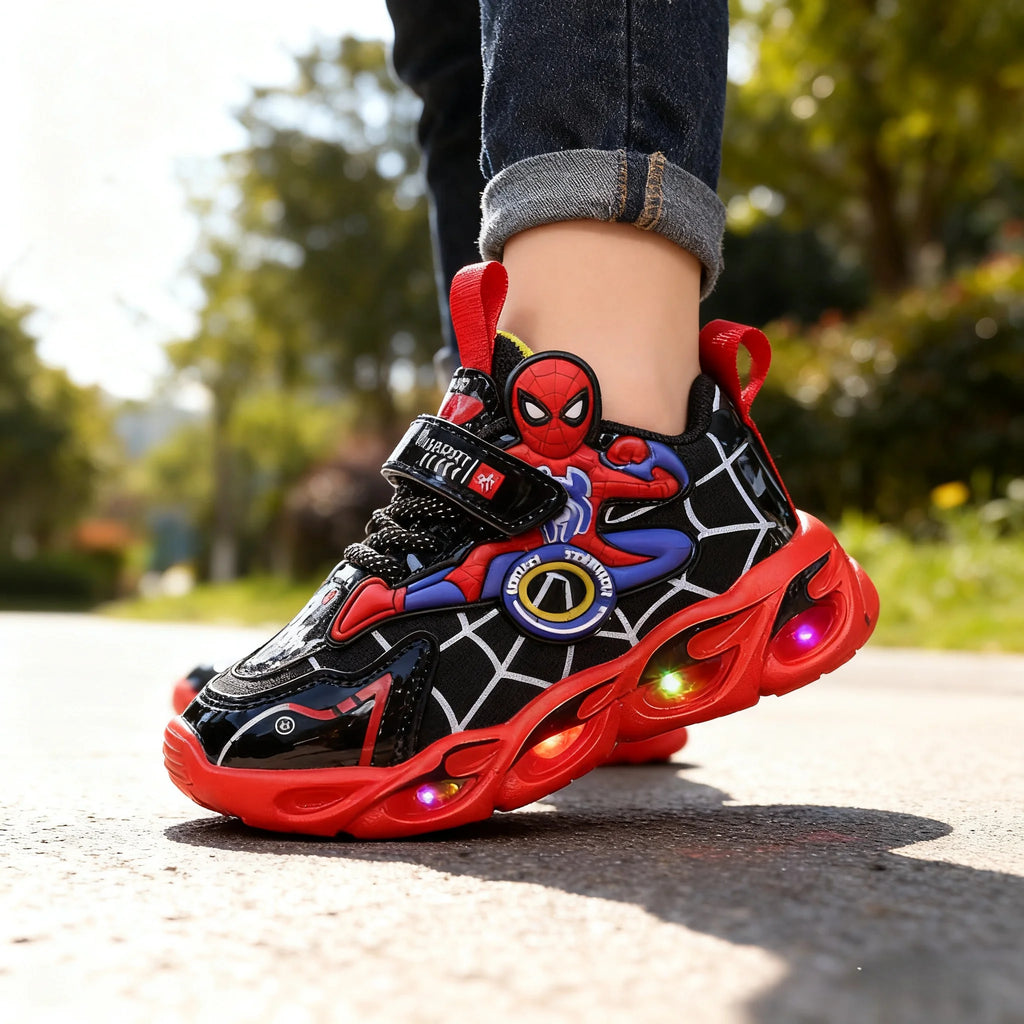 Boys Glowing Light Up Shoes Kids Leather Spider-Man Single Sneakers Kids LED Luminous Children's Shoes Kids Shiny Light Sneakers