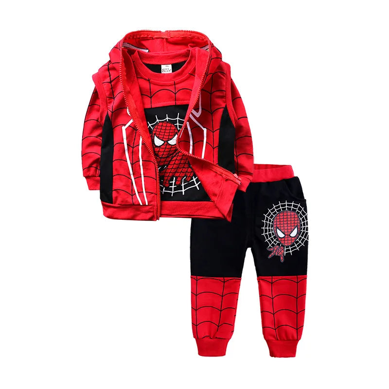 3pcs Cartoon Print Spiderman Cosplay Costume Autumn Kids Boys Sleeveless Hooded Vest +T Shirt+Pant Tracksuit Children Outfits