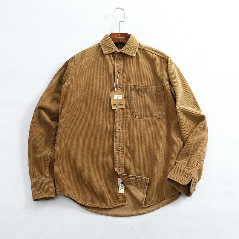 Heavy chunky high pit chunky strip vintage corduroy long sleeve shirt men's autumn cotton cargo shirt jacket