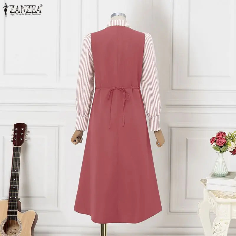 ZANZEA Women Long Shirt Dresses Autumn Long Sleeve Striped Fake 2 Piece Shirts Maxi Robe Fashion Elegant Office Party Vestidos
