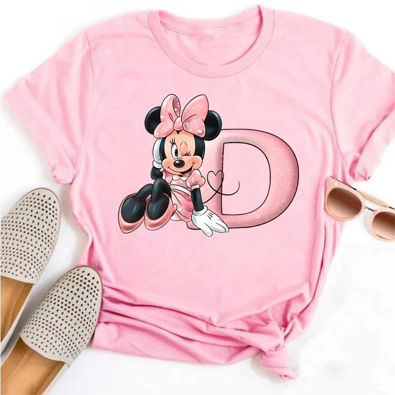 Disney Cartoon Minnie Mouse Letter A B C D E F Print Women Summer T Shirt Harajuku Casual Short Sleeves Pink Female Tshirts