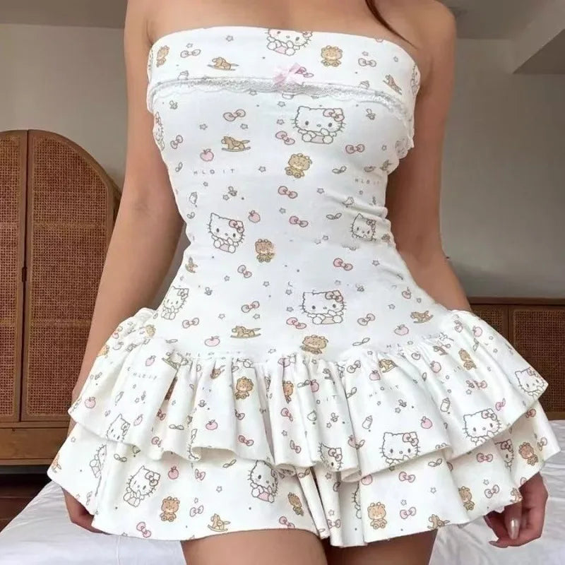 Japanese Retro Kawaii Cartoon Kitten Print Dress New Y2K Subculture Slim-fit Cake Skirt Women's Harajuku Sexy Strapless Dresses