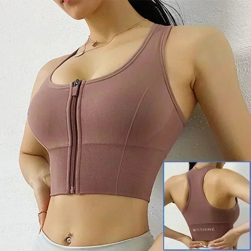Cloud Hide Front Zipper Sports Bra Women Underwear Push Up Yoga Crop Top Bras Solid Athletic Vest Gym Fitness Shirt Sportswear