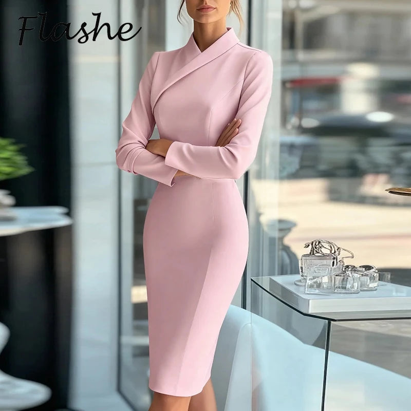 Elegant Office Lady Dress Women Fashion Long Sleeve Solid Color Bodcyon Dresses For Women Spring Autumn Party Dress