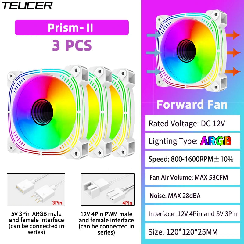 TEUCER Prism-2 1PCS/3PCS ARGB Case Fan, 120mm PWM 800-1600RPM 5V 3Pin RGB Gaming PC Cooling Fan