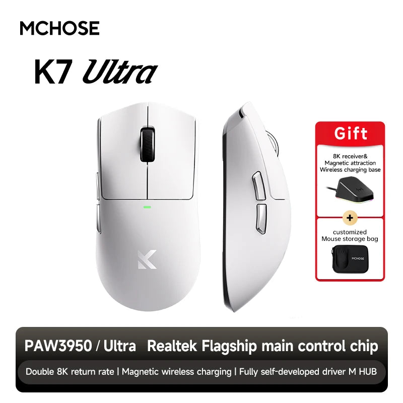 MCHOSE K7 Ultra Gaming Mouse PAW3950 Magnetic Wireless Charging Dual 8K Wired wireless Bluetooth connection Esports office