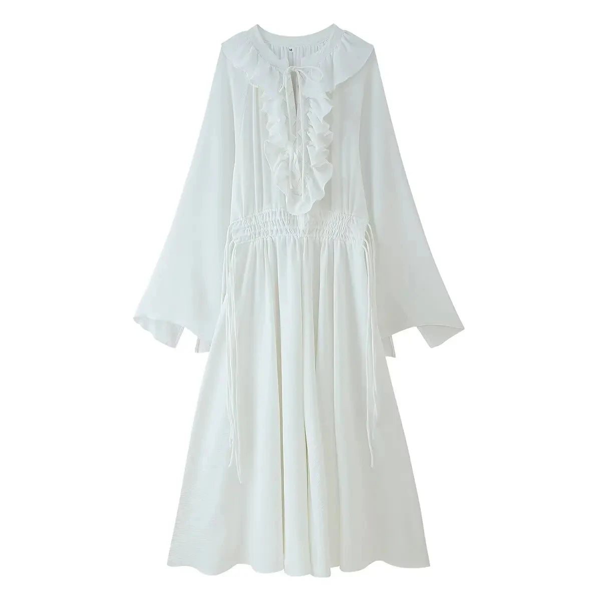 HH 2025 Summer Women's Beach Style Long Dress White V-neck Lace Drawstring Waist-hugging Women's Casual Dress Streetwear