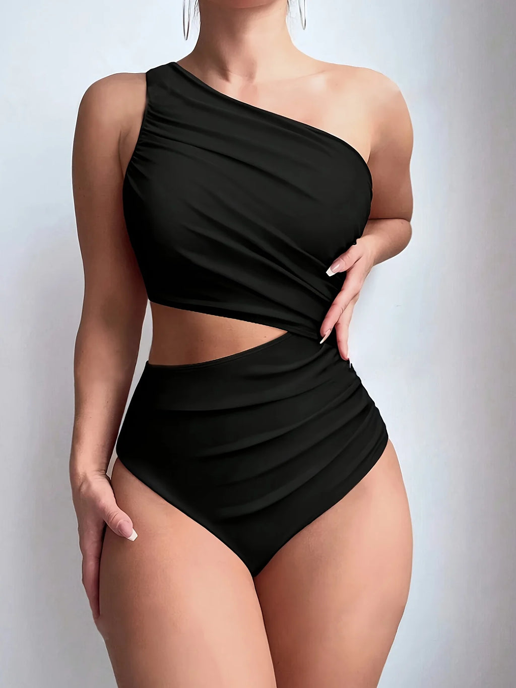 A Set of Sexy Solid Color Hollow Jumpsuit Beach One-Shoulder Women's Swimsuit