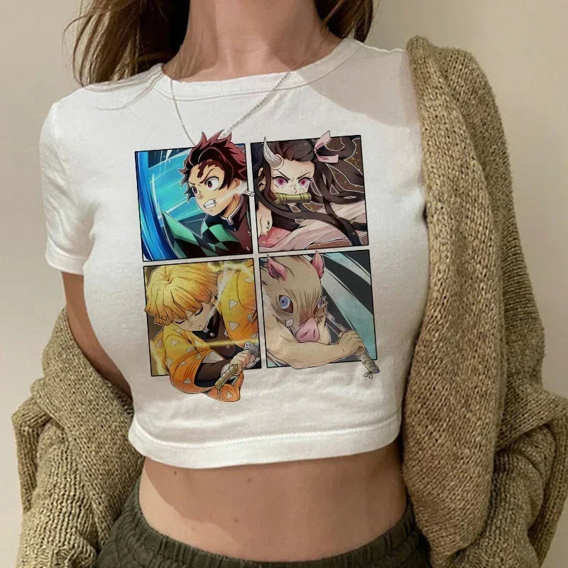 90s Manga Kimetsu No Yaiba Crop Top Demon Slayer T Shirt Women Y2k Nezuko Japanese Anime Tshirt Tanjirou Kamado Cropped Female