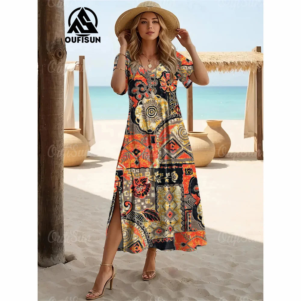 Elegant Womens Dresses Summer V-Neck Women's Clothing Vintage Woman Long Dress Fashions Evening Dress Loose Oversize Pullover