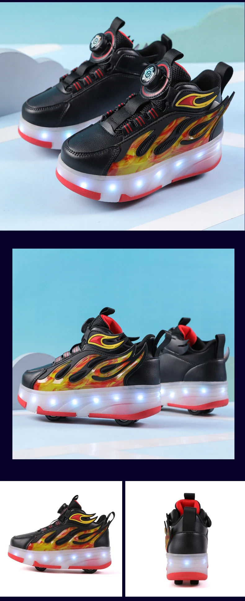 2025 New children's four-wheel novice light up rotary button automatic shrinkage fast walking shoes for boys sneakers