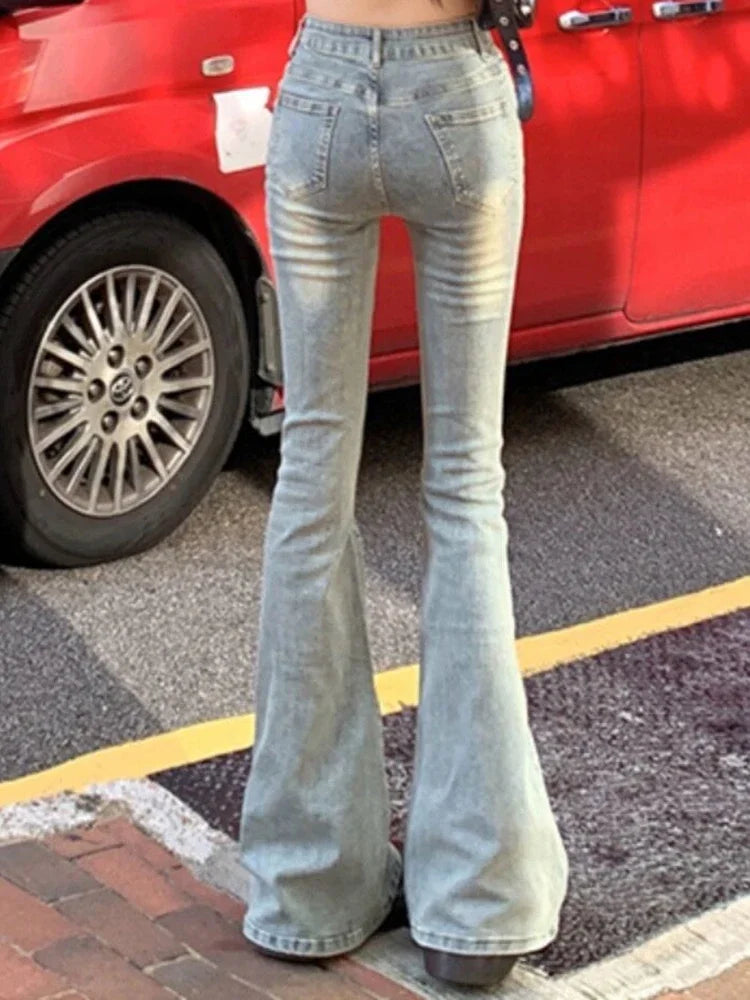 Ins Women Korean High Waist Flared Jeans Female High Street Boot Cut Pants Lady Y2k 2000s Yellow Denim Bell Bottom Trousers