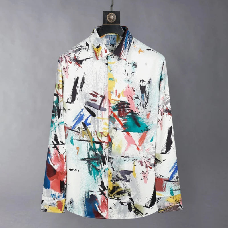 2025 Silk Shirt Men Fashion Graffiti Print Long Sleeve Casual Shirts Slim Social Streetwear Non Ironing Nightclub Stage Shirt