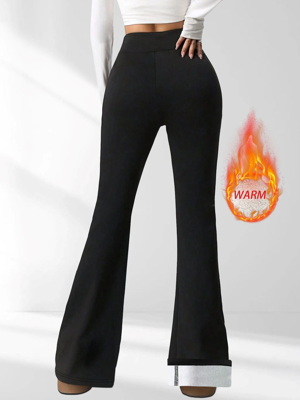 1 pair of women's black wool lined bell bottom pants - winter thick pants with plush lining, warm tight pants with plush lining
