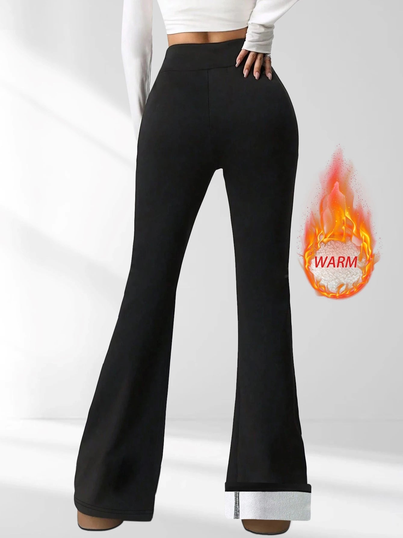 1 pair of women's black wool lined bell bottom pants - winter thick pants with plush lining, warm tight pants with plush lining