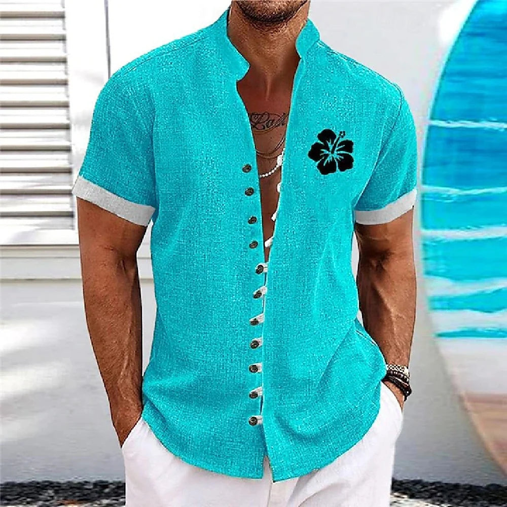 New men's linen short-sleeved shirt, with a fashionable retro style, ethnic motif printing, comfortable and breathable. Men's sh