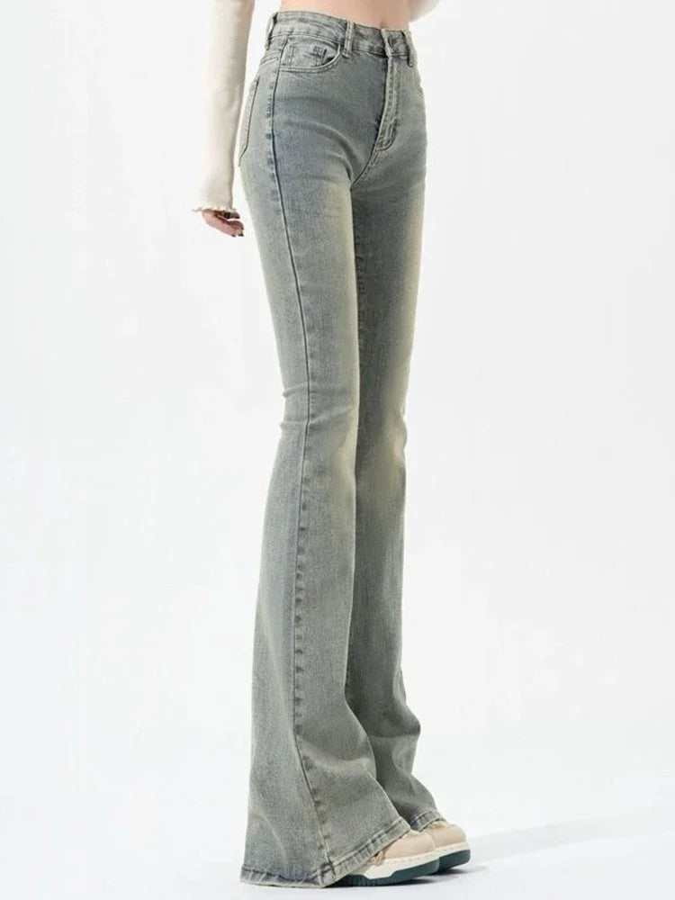 Ins Women Korean High Waist Flared Jeans Female High Street Boot Cut Pants Lady Y2k 2000s Yellow Denim Bell Bottom Trousers