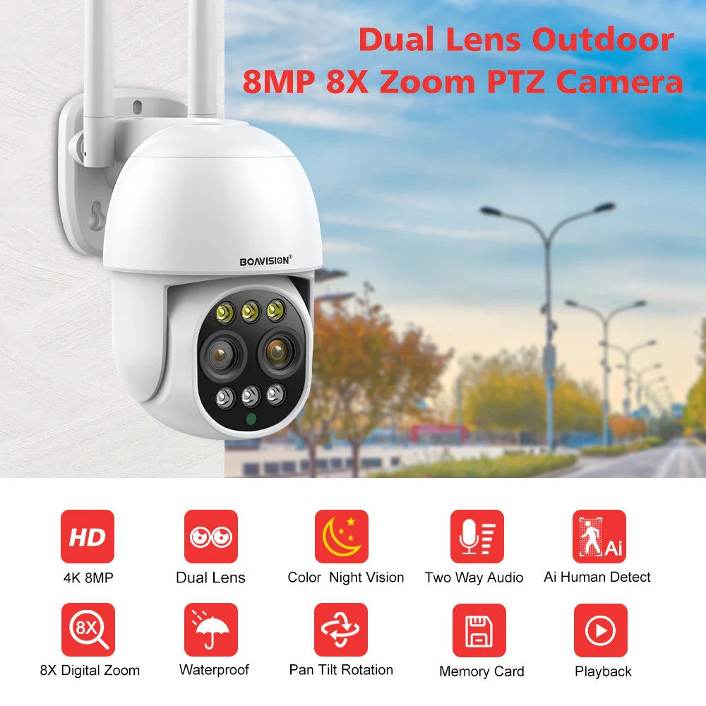 BOAVISION HD 8MP WIFI Camera PTZ Dual Lens 8X Digital Zoom Outdoor 4K AI humanoid Auto Tracking Zoom Audio iCSee Security Camera