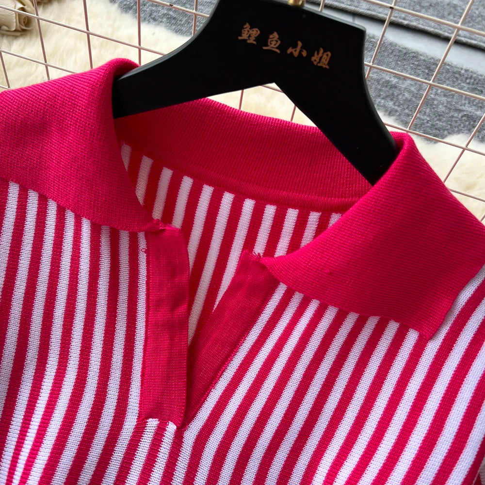 YuooMuoo 2025 New Summer Vintage Vertical Stripes Knitted Summer Dress Women Turn-down Collar Slim Waist A-line Short Dress