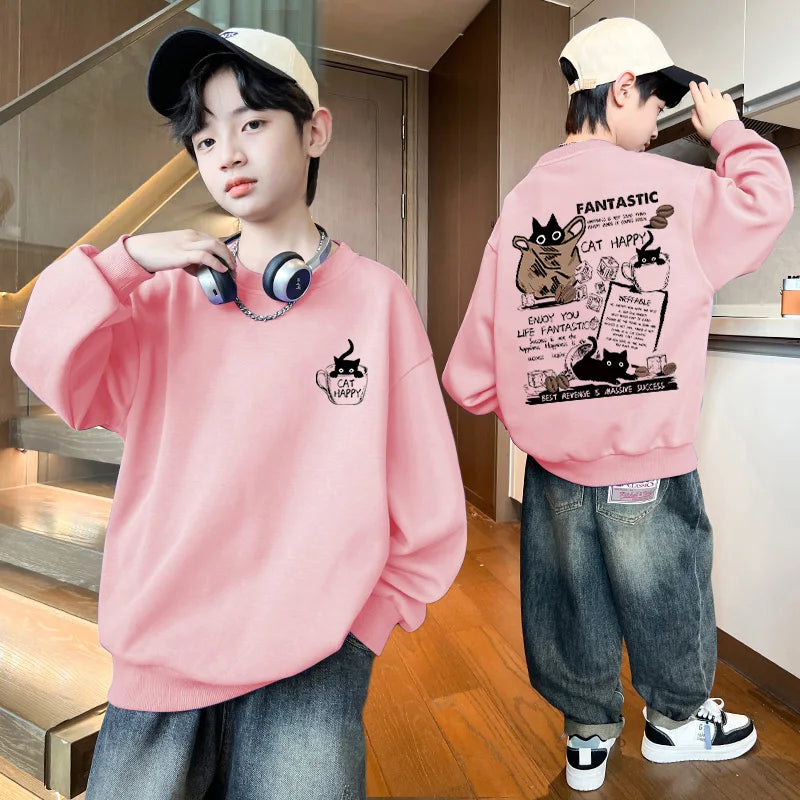 New Boys Girls Sweatshirt Pullover Autumn Korean Version Cartoon Cat Group Printed Long Sleeves T-Shirt Tops Casual Kids Clothes