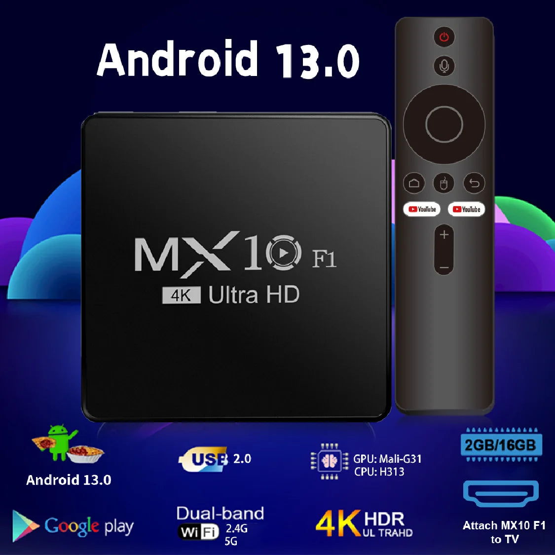 TV Box MX10 F1 Android 13 Mali-G31 4K 2GB RAM 16GB eMMC flash Media Player Support Voice Remote Control