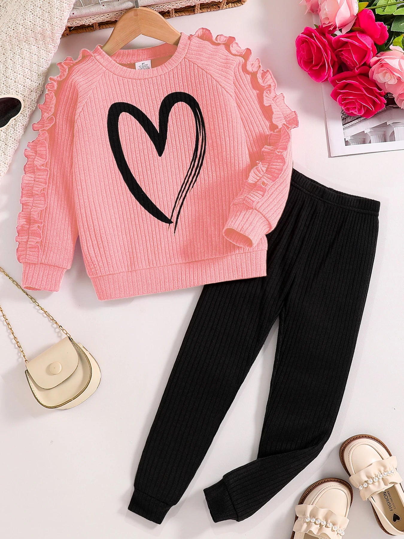 Spring and Autumn children fashion sports set girls sweater + casual pants two-piece girls cartoon heart printed clothing