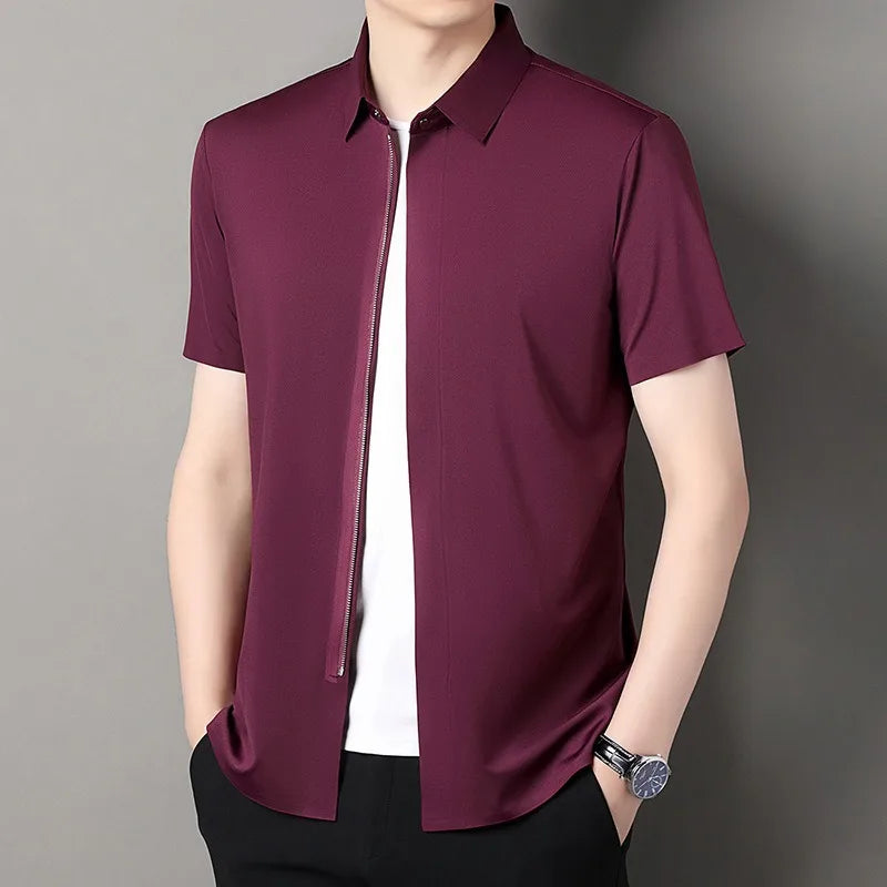 Quality Zipper Dress Shirts for Men Short Sleeve Business Non-iron Wrinkle Resistance Elastic Top New Western-style Formal Shirt